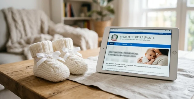 Dettaglio scarpine da neonato accanto a un dispositivo digitale per la domanda del Bonus nuovi nati