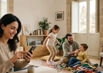 Una madre controlla la data di accredito dell'Assegno unico aprile 2026 sullo smartphone