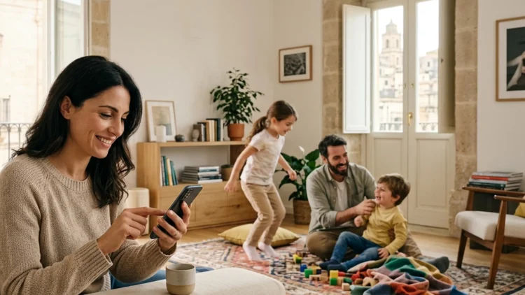 Una madre controlla la data di accredito dell'Assegno unico aprile 2026 sullo smartphone