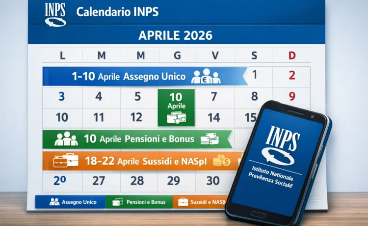 Calendario digitale Inps con le date dell'assegno unico aprile 2026 evidenziate.