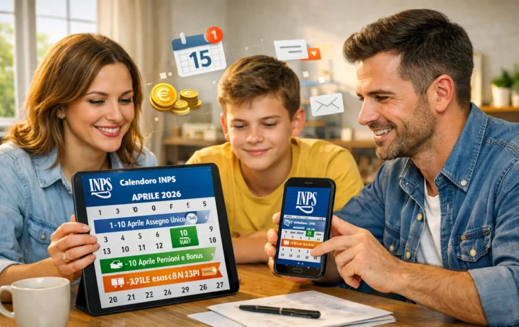 Calendario digitale con le date di pagamento assegno unico aprile 2026 e scadenze Inps.