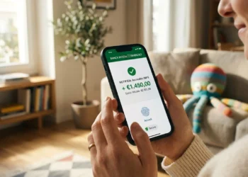 Schermo di smartphone che mostra l'avviso di accredito INPS per l'assegno unico di aprile 2026
