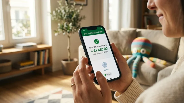 Schermo di smartphone che mostra l'avviso di accredito INPS per l'assegno unico di aprile 2026