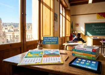 Un calendario aperto su un banco di scuola che indica le date del nuovo anno scolastico in Sicilia.