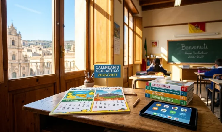 Un calendario aperto su un banco di scuola che indica le date del nuovo anno scolastico in Sicilia.