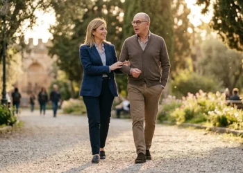 Coppia che cammina velocemente al parco durante il pomeriggio per migliorare il metabolismo