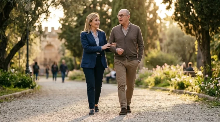 Coppia che cammina velocemente al parco durante il pomeriggio per migliorare il metabolismo