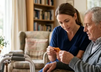 Caregiver professionale assiste un uomo anziano nella gestione della terapia farmacologica in ambiente domestico.