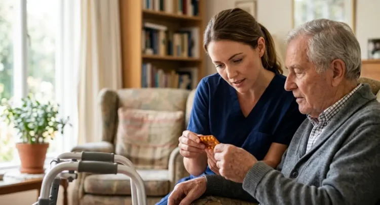 Caregiver professionale assiste un uomo anziano nella gestione della terapia farmacologica in ambiente domestico.