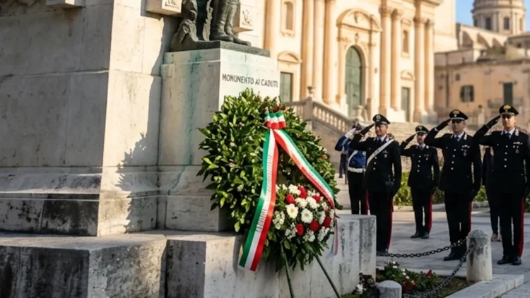 Cerimonia solenne per il 25 aprile a Ragusa presso il monumento ai caduti con bandiere tricolori