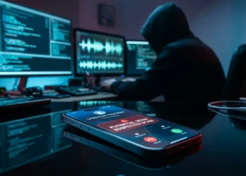 Uno smartphone che riceve una chiamata sospetta etichettata come spam su un tavolo scuro.