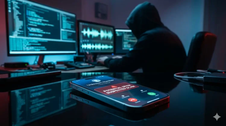 Uno smartphone che riceve una chiamata sospetta etichettata come spam su un tavolo scuro.