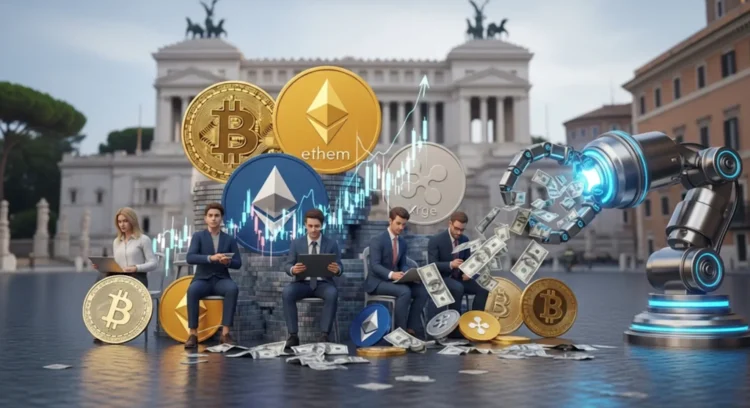 Una moderna server farm per il cloud mining e uno smartphone con dashboard finanziaria