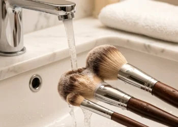 Pennelli da trucco con setole naturali lavati sotto acqua tiepida corrente con sapone neutro, secondo la tecnica corretta per non rovinare le fibre
