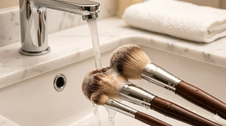 Pennelli da trucco con setole naturali lavati sotto acqua tiepida corrente con sapone neutro, secondo la tecnica corretta per non rovinare le fibre