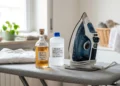 Ferro da stiro e aceto bianco pronti per la pulizia dal calcare