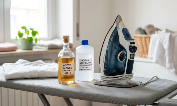 Ferro da stiro e aceto bianco pronti per la pulizia dal calcare