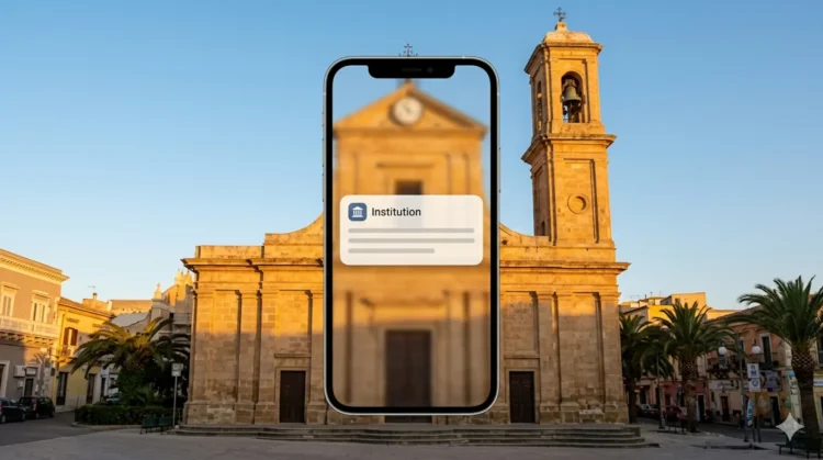 Veduta del centro storico di Santa Croce Camerina con accenno alla comunicazione digitale urbana.