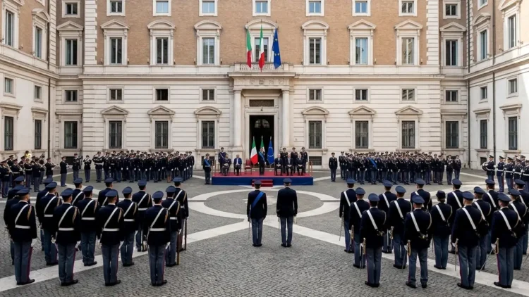 Dettaglio istituzionale divisa e bandiera Polizia di Stato.