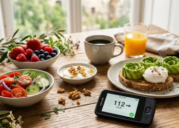 Un misuratore di glicemia su un tavolo assolato accanto a frutta fresca primaverile