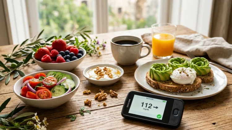 Un misuratore di glicemia su un tavolo assolato accanto a frutta fresca primaverile