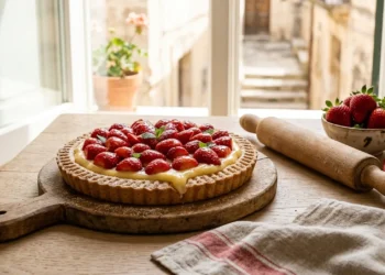 Crostata di fragole fresca con crema pasticcera e frolla senza riposo