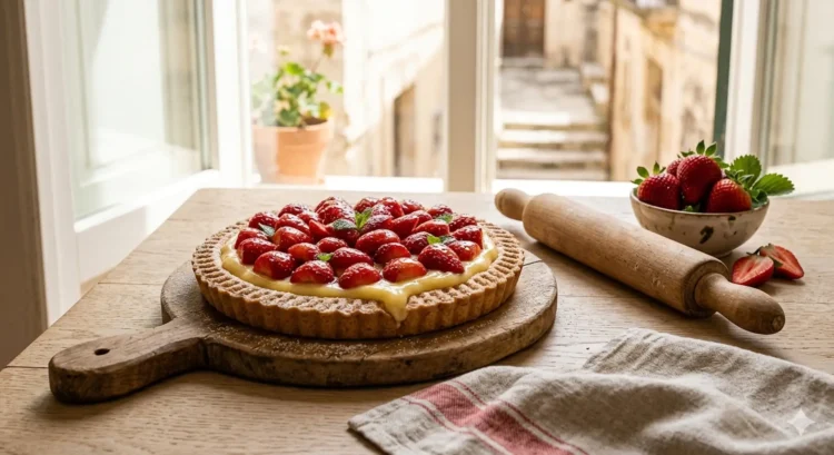Crostata di fragole fresca con crema pasticcera e frolla senza riposo