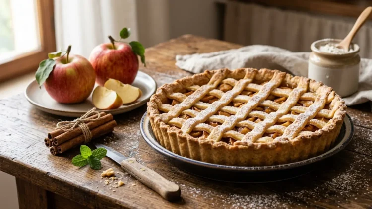 Crostata di mele classica con decorazione a incrocio e zucchero a velo