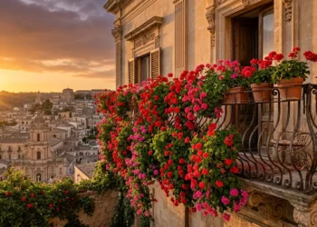 Splendidi gerani rossi e rosa in piena fioritura su un balcone assolato