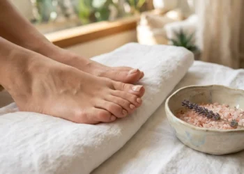 Piedi lisci e curati appoggiati su un asciugamano bianco in un ambiente spa