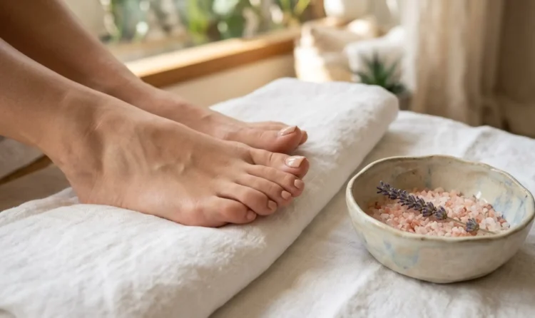 Piedi lisci e curati appoggiati su un asciugamano bianco in un ambiente spa