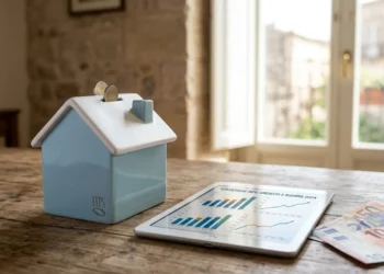 Grafici statistici dell'Assegno Unico Universale su un tablet e monete in euro