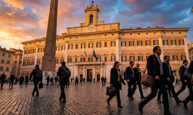 Palazzo Montecitorio a Roma, sede della discussione sul Decreto Primo Maggio per il lavoro
