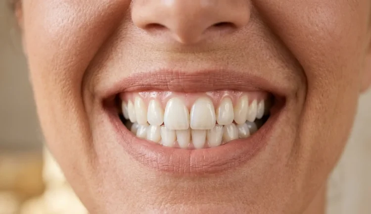 Donna con sorriso naturale e denti bianchi sani grazie a igiene orale corretta e sbiancamento dentale professionale