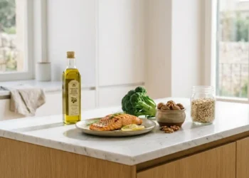 Una selezione di alimenti sani come salmone, olio d'oliva e noci per la dieta colesterolo alto