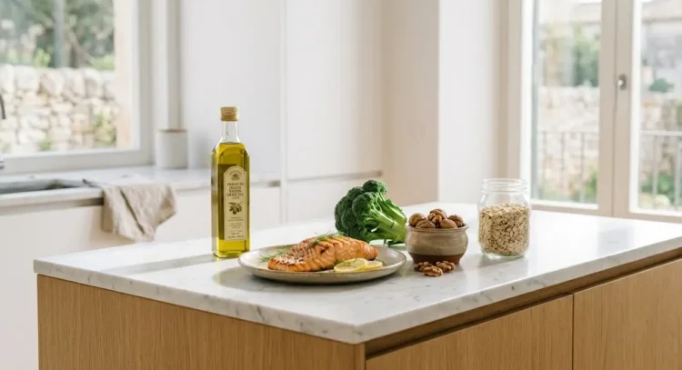 Una selezione di alimenti sani come salmone, olio d'oliva e noci per la dieta colesterolo alto