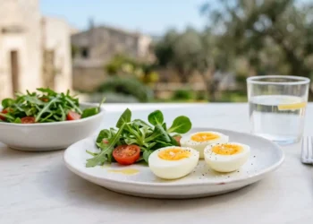 Tre uova sode tagliate a metà su un piatto bianco con insalata fresca, simbolo della dieta proteica