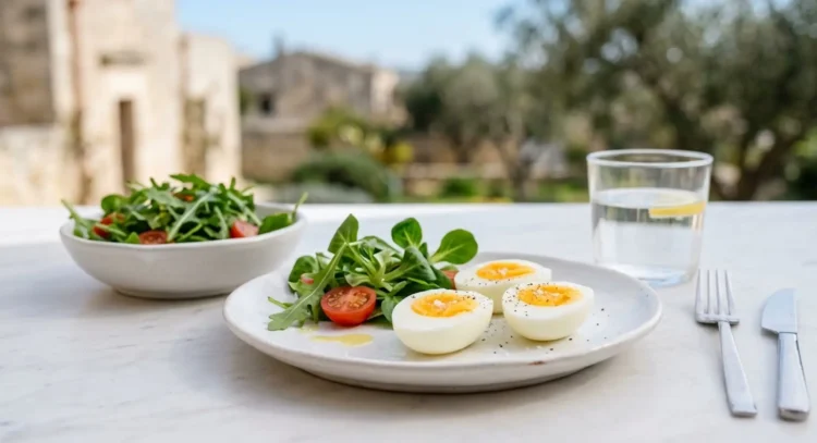 Tre uova sode tagliate a metà su un piatto bianco con insalata fresca, simbolo della dieta proteica