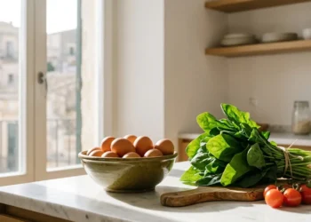 Una composizione di uova fresche, spinaci e pomodori su un piano di marmo, base per la dieta delle uova