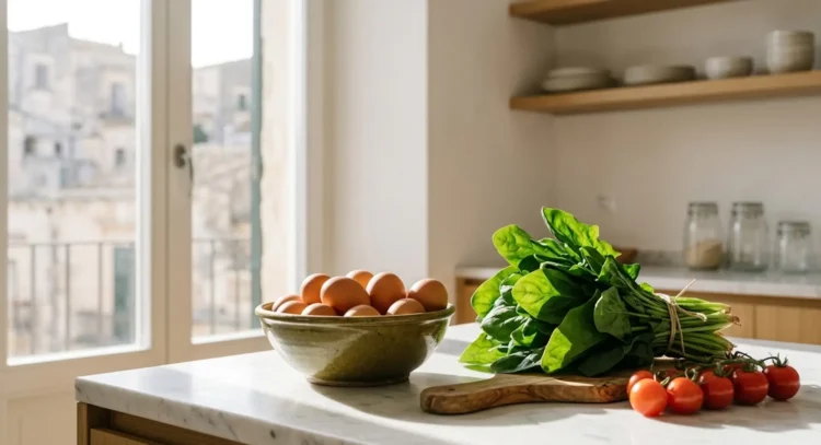 Una composizione di uova fresche, spinaci e pomodori su un piano di marmo, base per la dieta delle uova