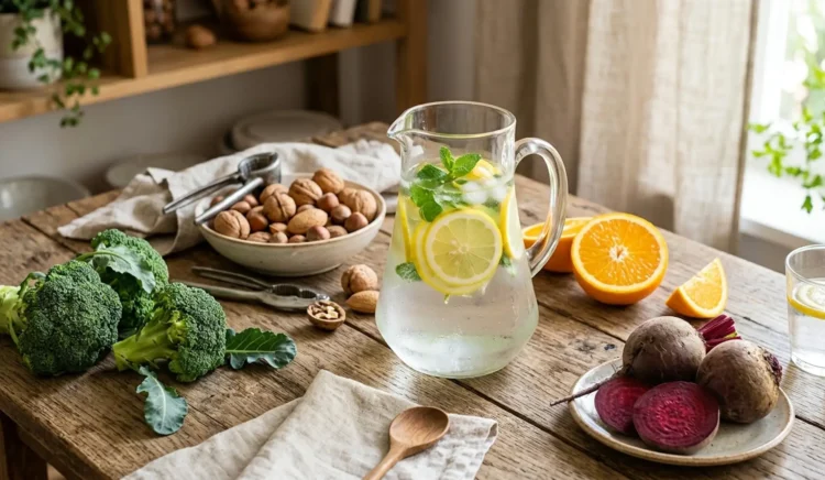 Alimenti sani come broccoli e agrumi per una dieta detox dopo l'alcol