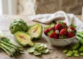 verdure e frutta di stagione per la dieta di aprile con asparagi, carciofi e fragole