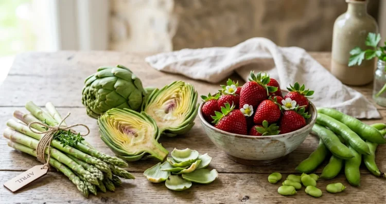 verdure e frutta di stagione per la dieta di aprile con asparagi, carciofi e fragole