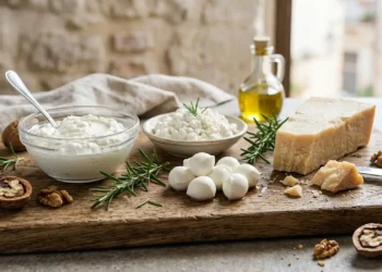 Una selezione di formaggi sani per la dieta disposti su un tagliere di legno con erbe aromatiche