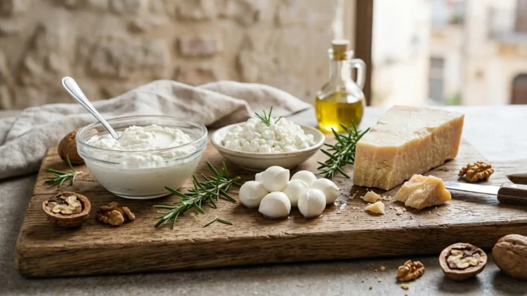 Una selezione di formaggi sani per la dieta disposti su un tagliere di legno con erbe aromatiche