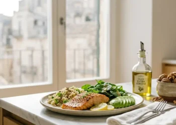Un pasto salutare con salmone, avocado e spinaci, ideale per la dieta Hashimoto
