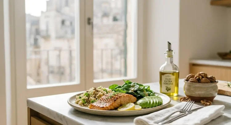 Un pasto salutare con salmone, avocado e spinaci, ideale per la dieta Hashimoto