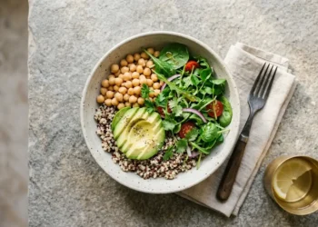 Un piatto equilibrato di quinoa e verdure che rappresenta i principi della dieta olistica