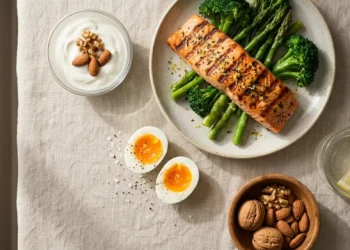 Pasto bilanciato ad alto contenuto proteico con salmone, uova, verdure e frutta secca per una dieta proteica efficace