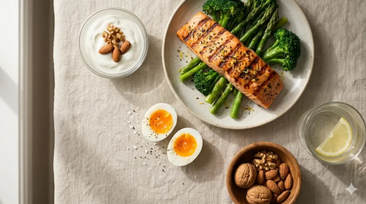 Pasto bilanciato ad alto contenuto proteico con salmone, uova, verdure e frutta secca per una dieta proteica efficace